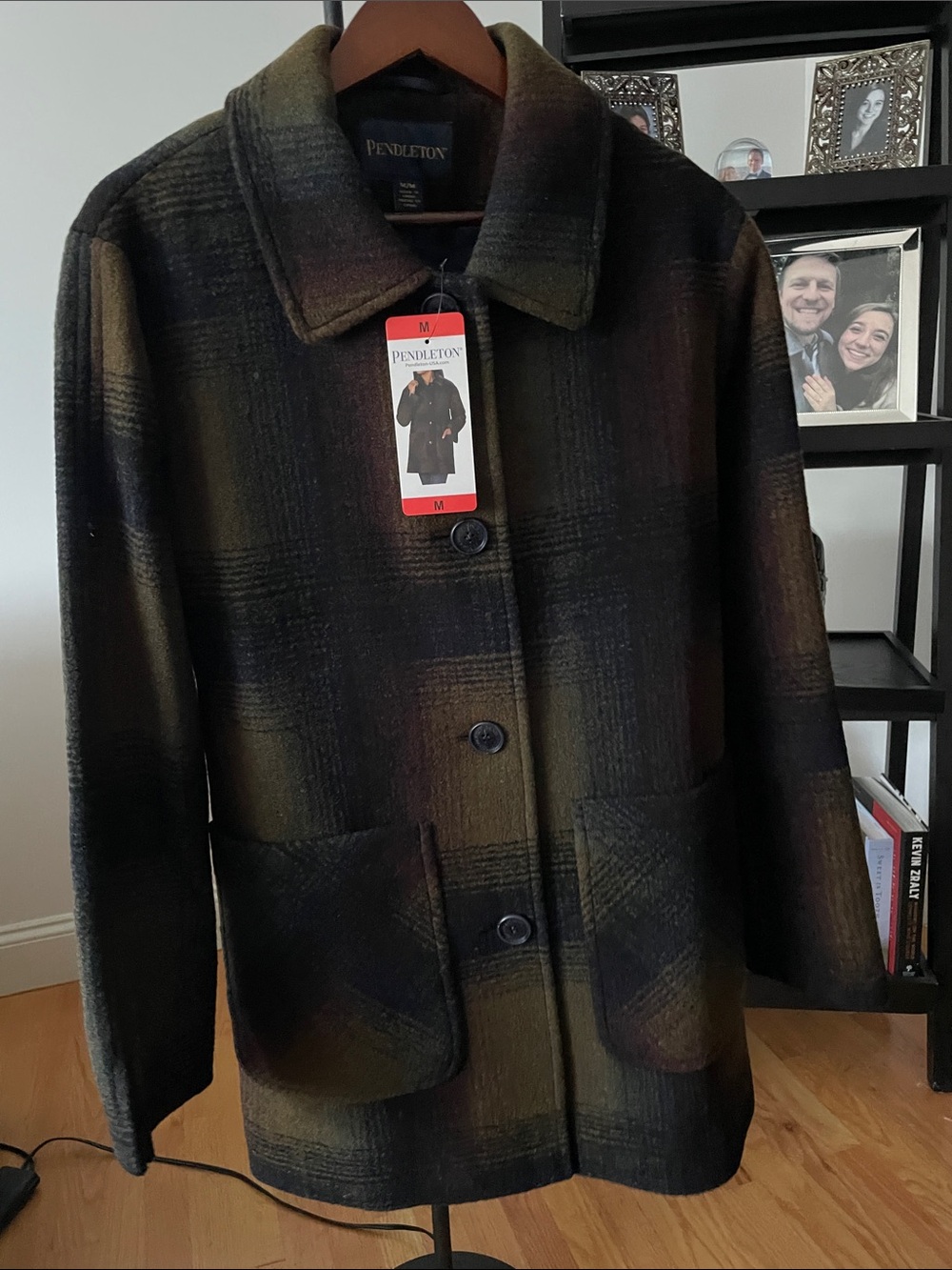 Pendleton Olive & Black Plaid Wool Pea Coat